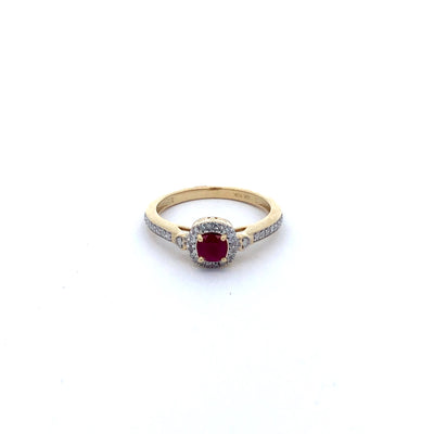 14Ct Yellow Gold Natural Ruby And Diamond Halo Ring
