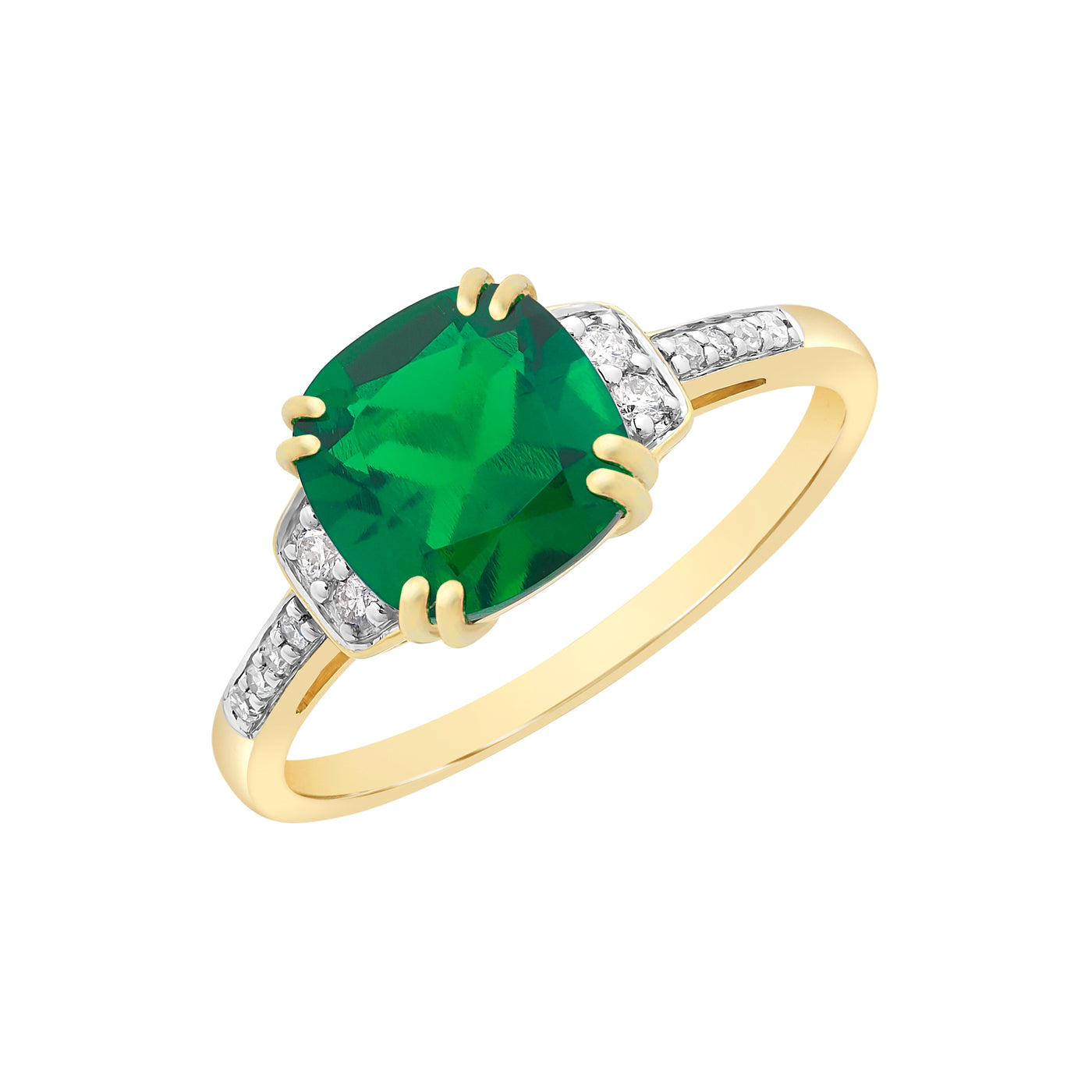 9Ct Yellow Gold Created Square Cushion Cut Emerald And Diamond Ring