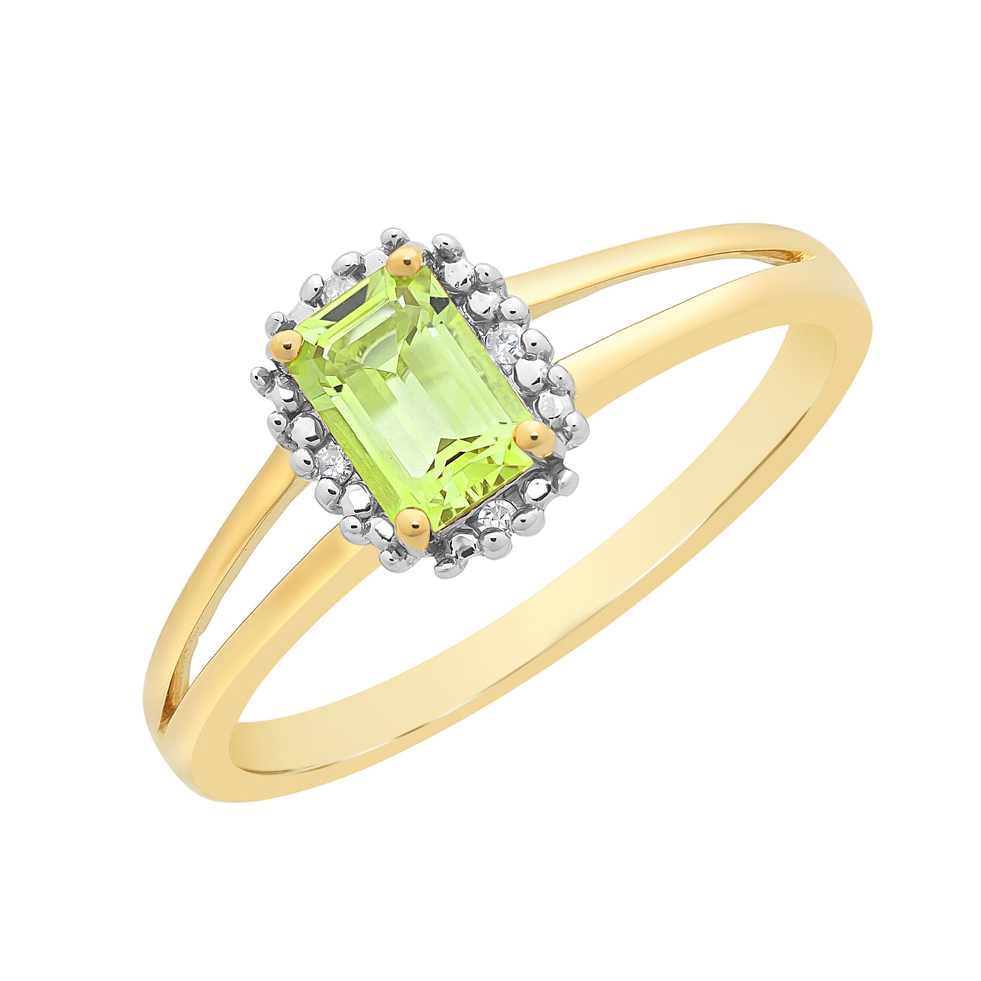 9Ct Yellow Gold Emerald Cut Peridot And Diamond Ring