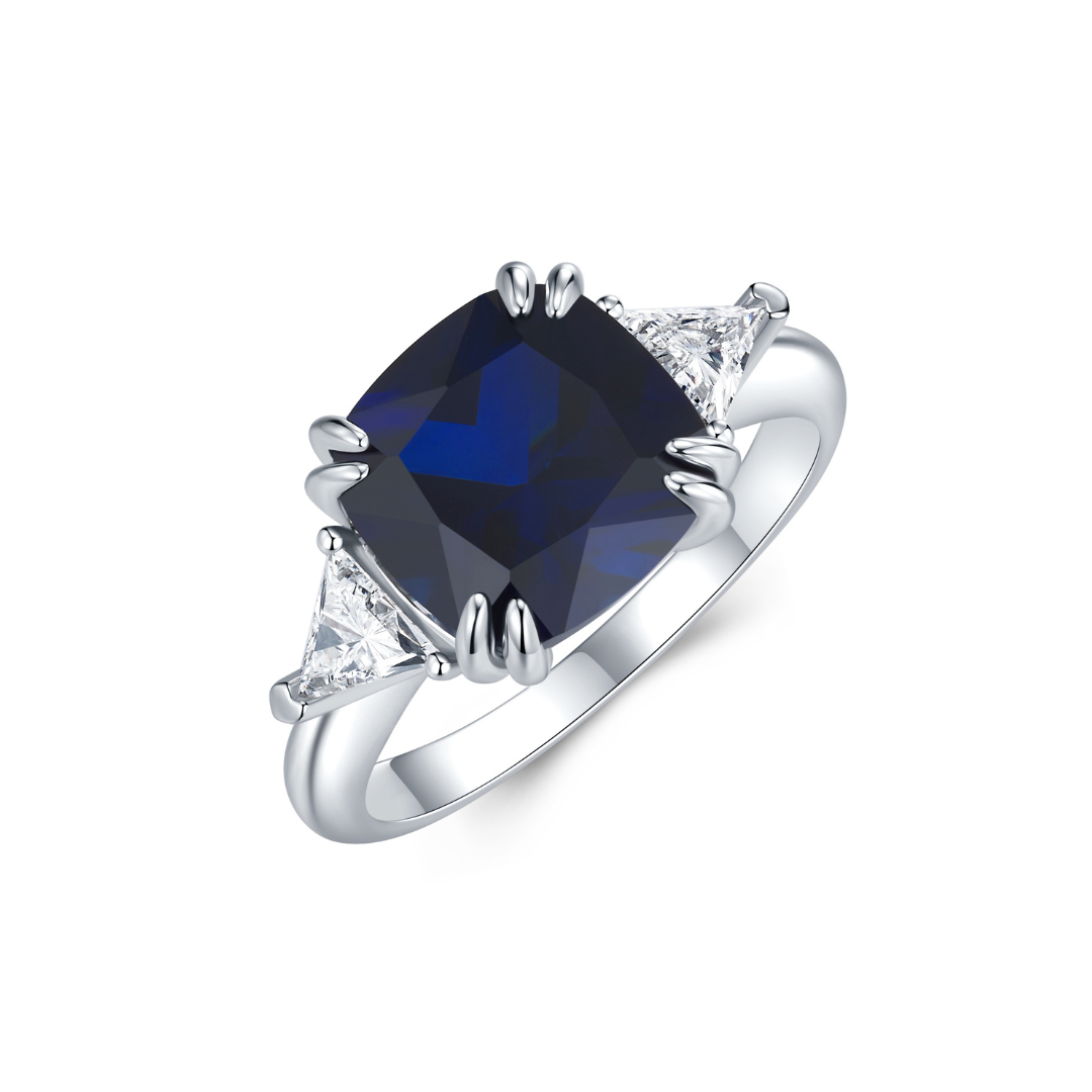 9Ct White Gold Cushion Cut Created Ceylon Sapphire And Trilliant