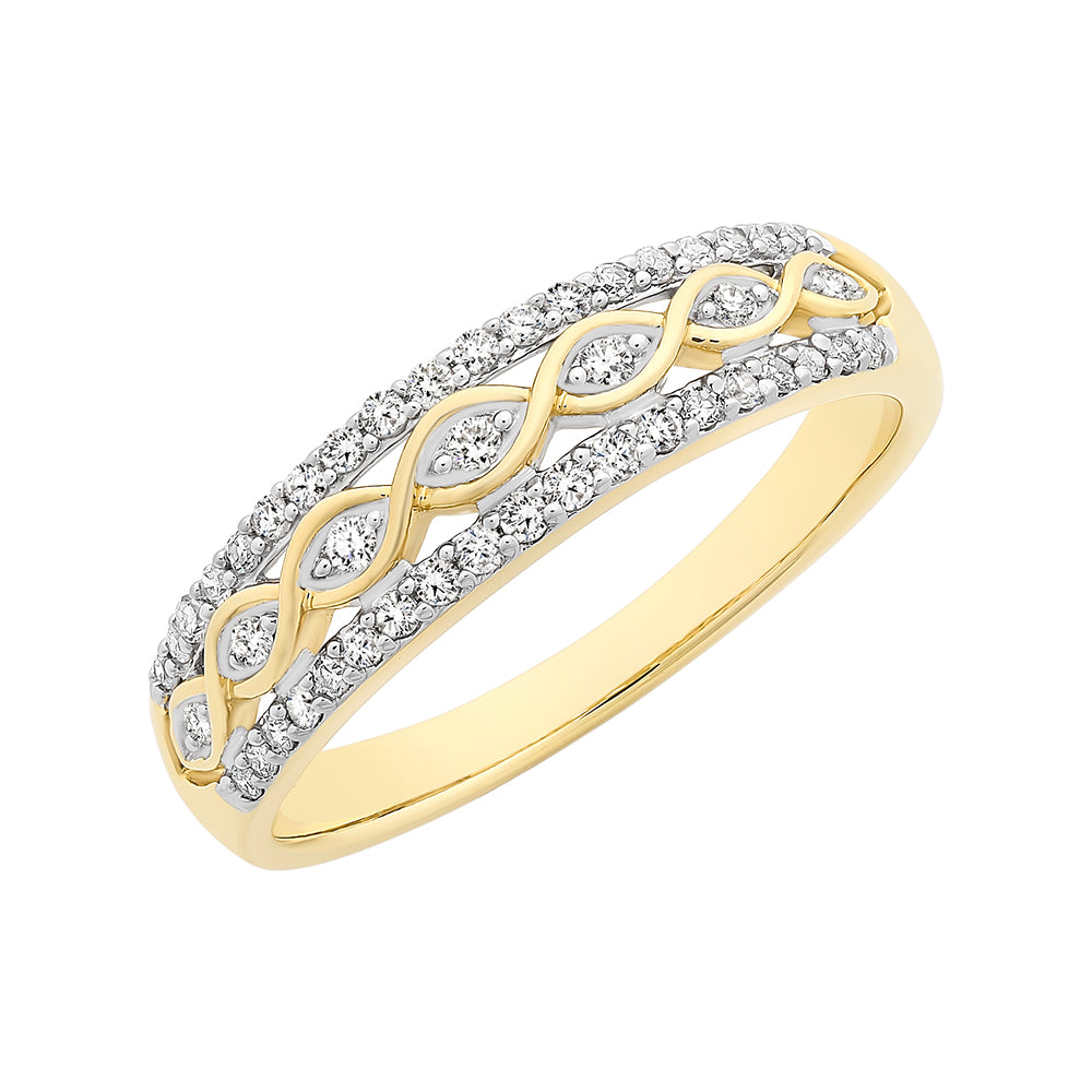 9Ct Yellow Gold Wide Band With Plaited Centre Diamond Ring Tdw=0.25Ct