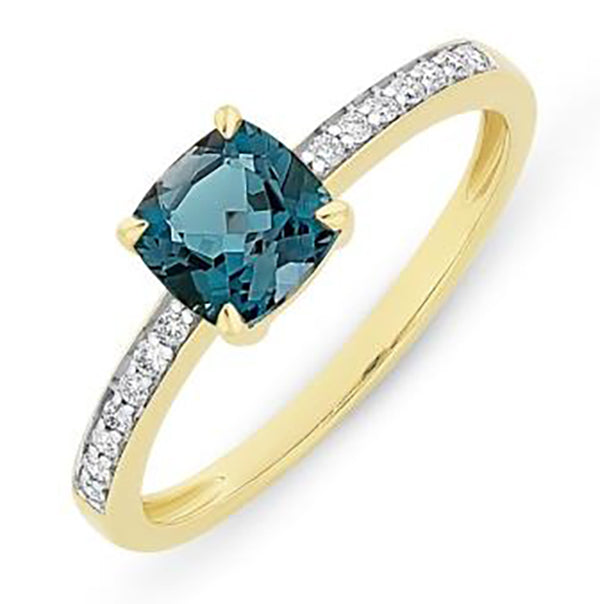 9Ct Yellow Gold Dress Ring With Cushion Cut London Blue Topaz