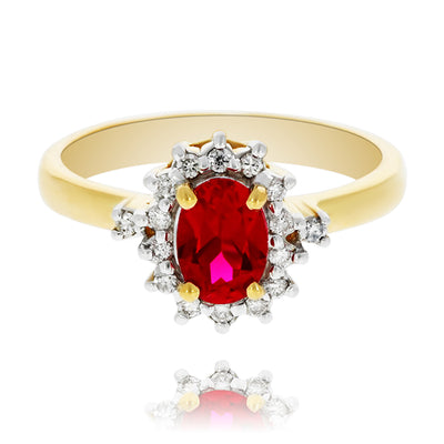 9Ct Yellow Gold Oval Created Ruby And Diamond Halo Dress Ring
