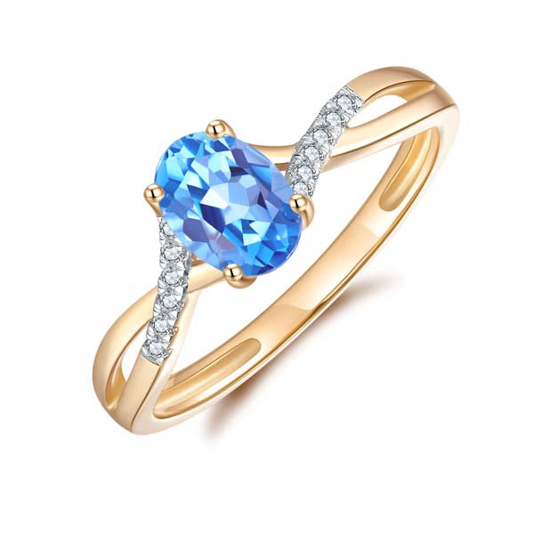 9Ct Yellow Gold Oval Blue Topaz And Diamond Crossover Band Ring