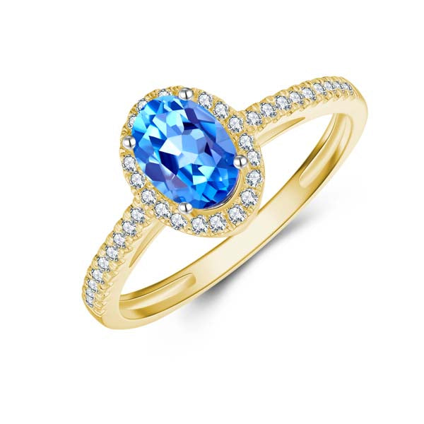 9Ct Yellow Gold Oval Blue Topaz And Diamond Halo Ring