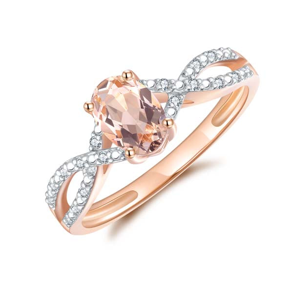 9Ct Rose Gold Oval Morganite And Diamond Crossover Band Ring
