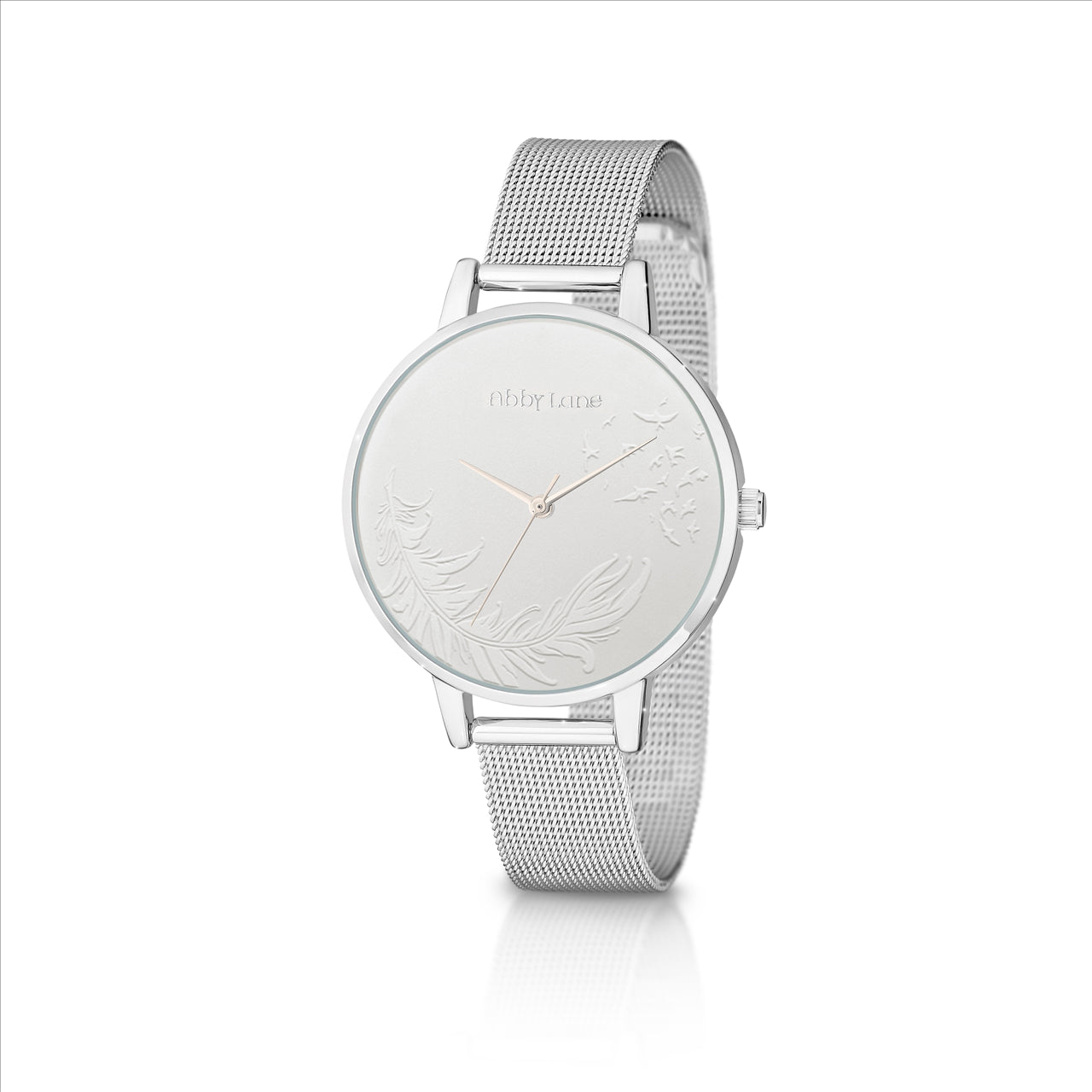 Abby lane emma silvertone case. white embossed dial with feather pattern. silvertone mesh bracelet. case size 38mm