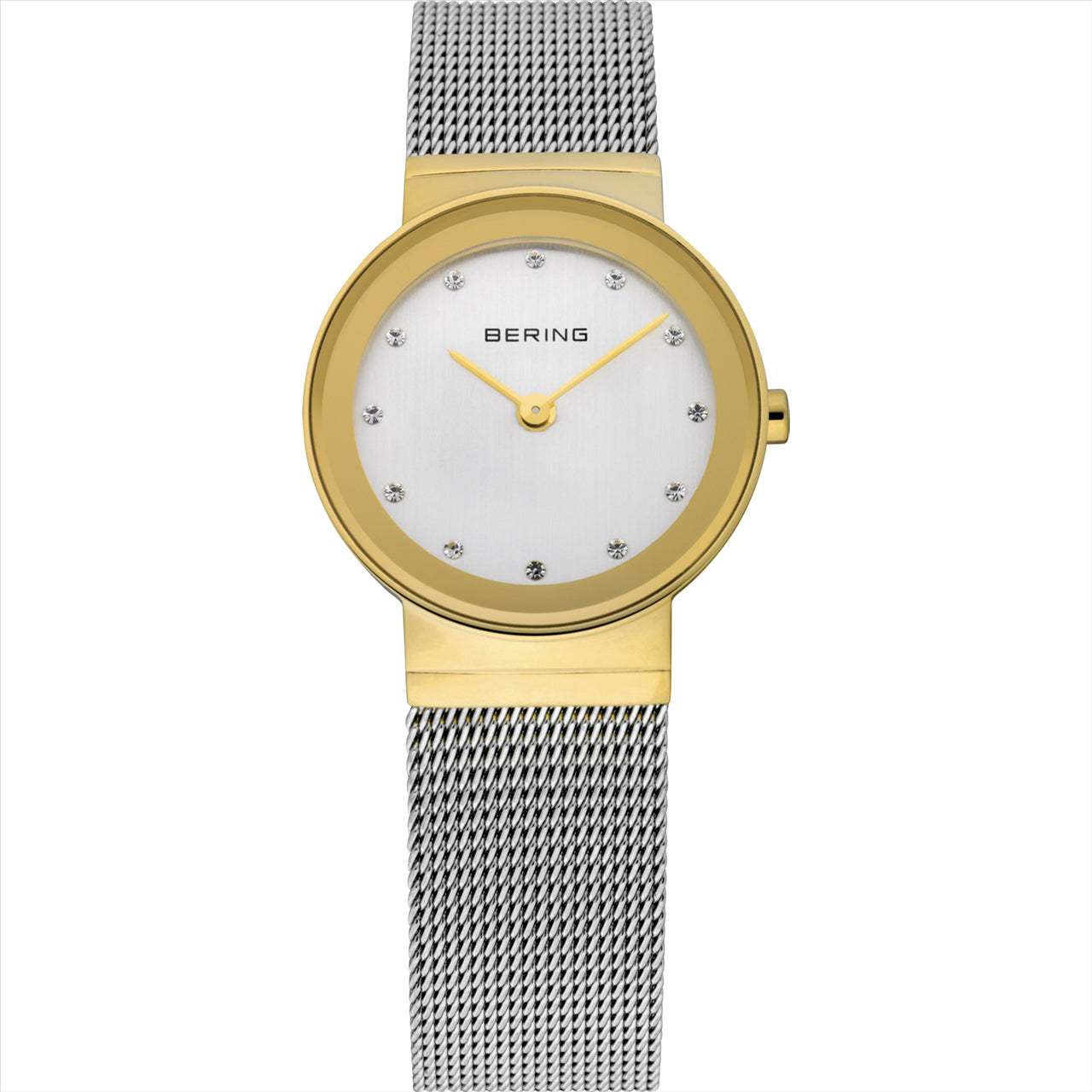 Bering Ladies, Classic Collection, Gold Case, Silver Dial, Silver Milanese Strap, Swarovski Elements