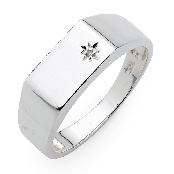 Sterling Silver Gents Ring With One Round Diamond