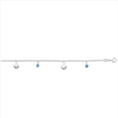 Sterling silver anklet with shells and turquoise balls