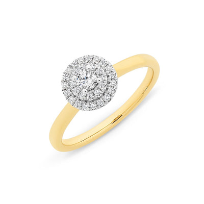 9Ct Yellow And White Gold Double Halo Engagement Ring With Round Brilliant Cut Diamonds Tdw=0.28Ct