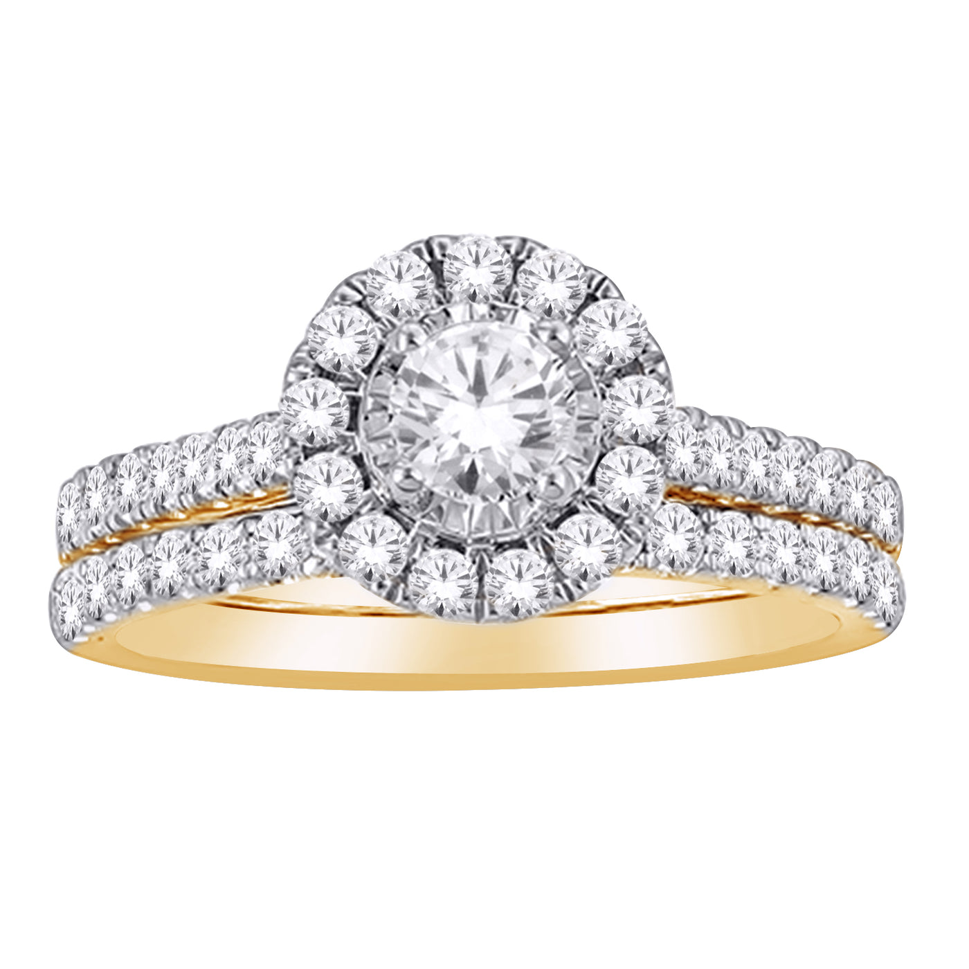 Yellow Gold Halo Diamond Engagement And Wedding Band Set