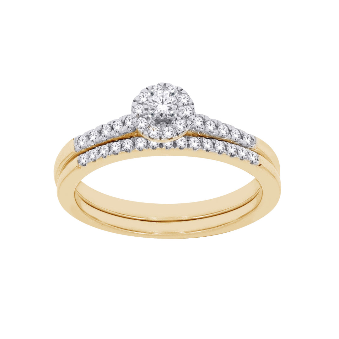 Yellow Gold Diamond Halo Engagement Ring And Wedding Band Set