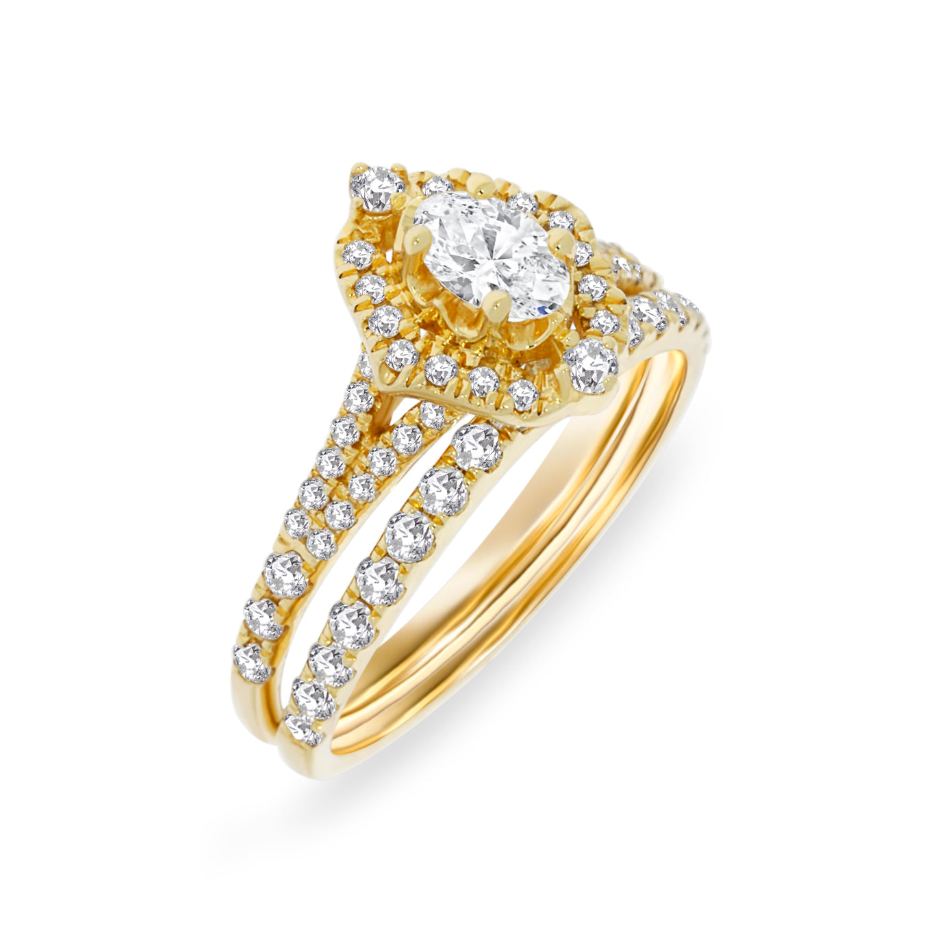 Yellow Gold Oval Halo Diamond Bridal Set.