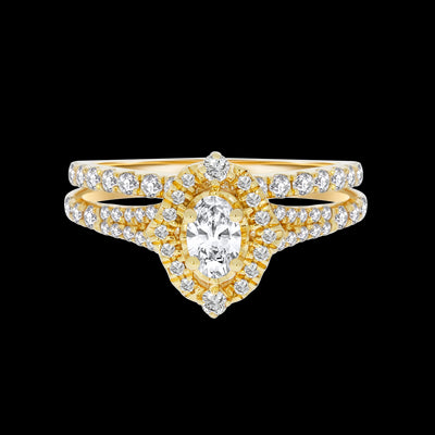 Yellow Gold Oval Halo Diamond Bridal Set.