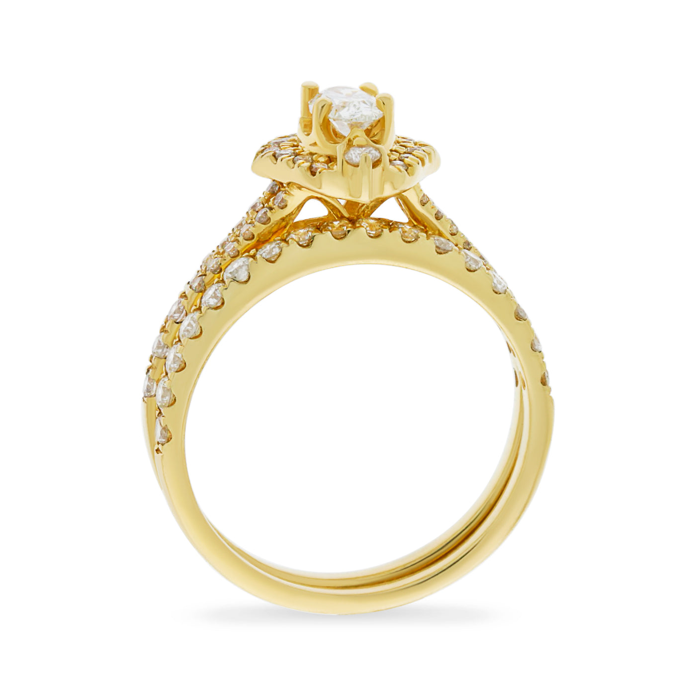 Yellow Gold Oval Halo Diamond Bridal Set.