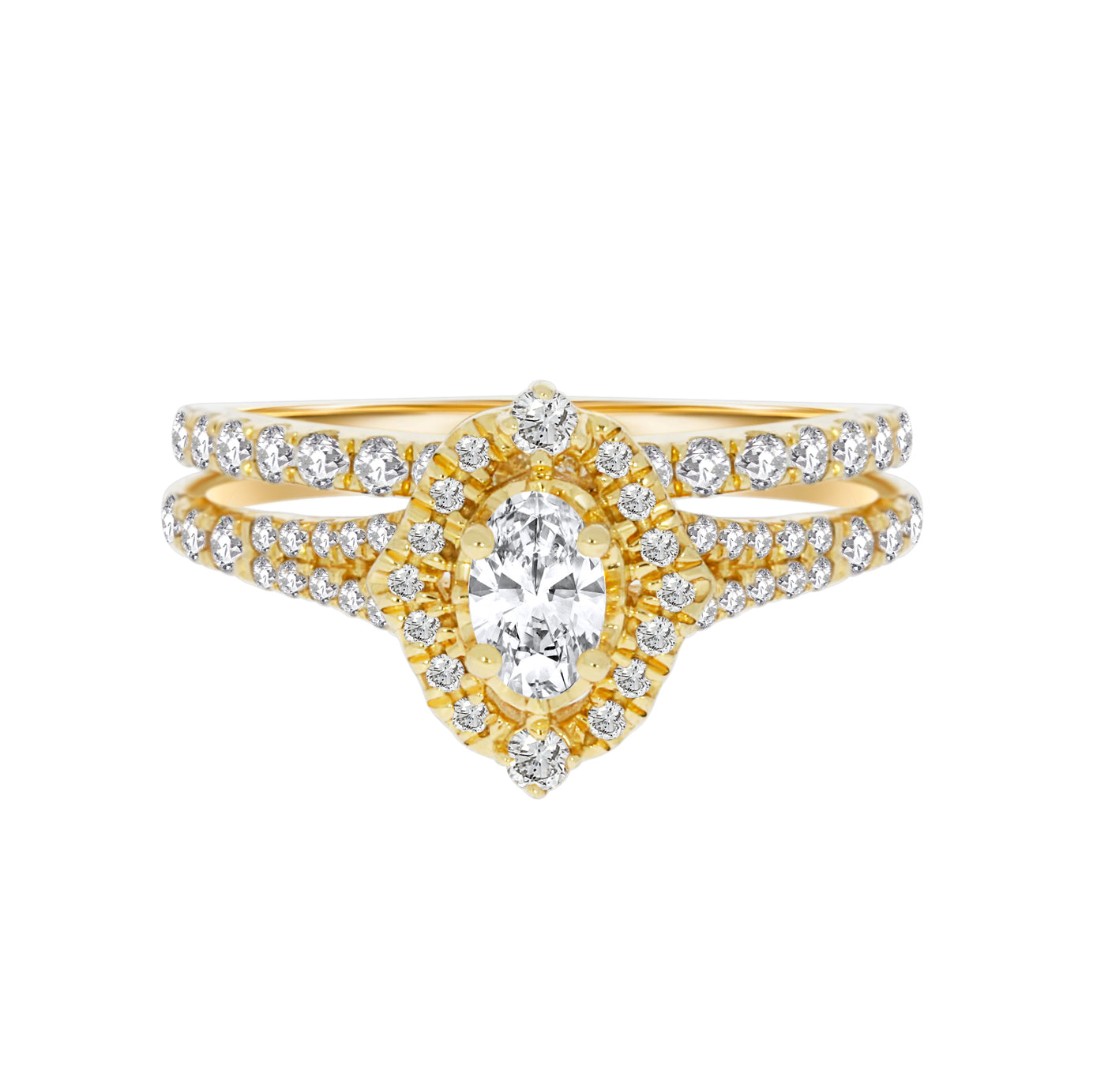 Yellow Gold Oval Halo Diamond Bridal Set.