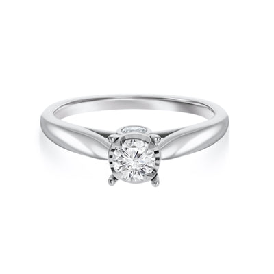 White Gold Round Brilliant Cut Solitaire Illusion Set Diamond Engagement Ring.