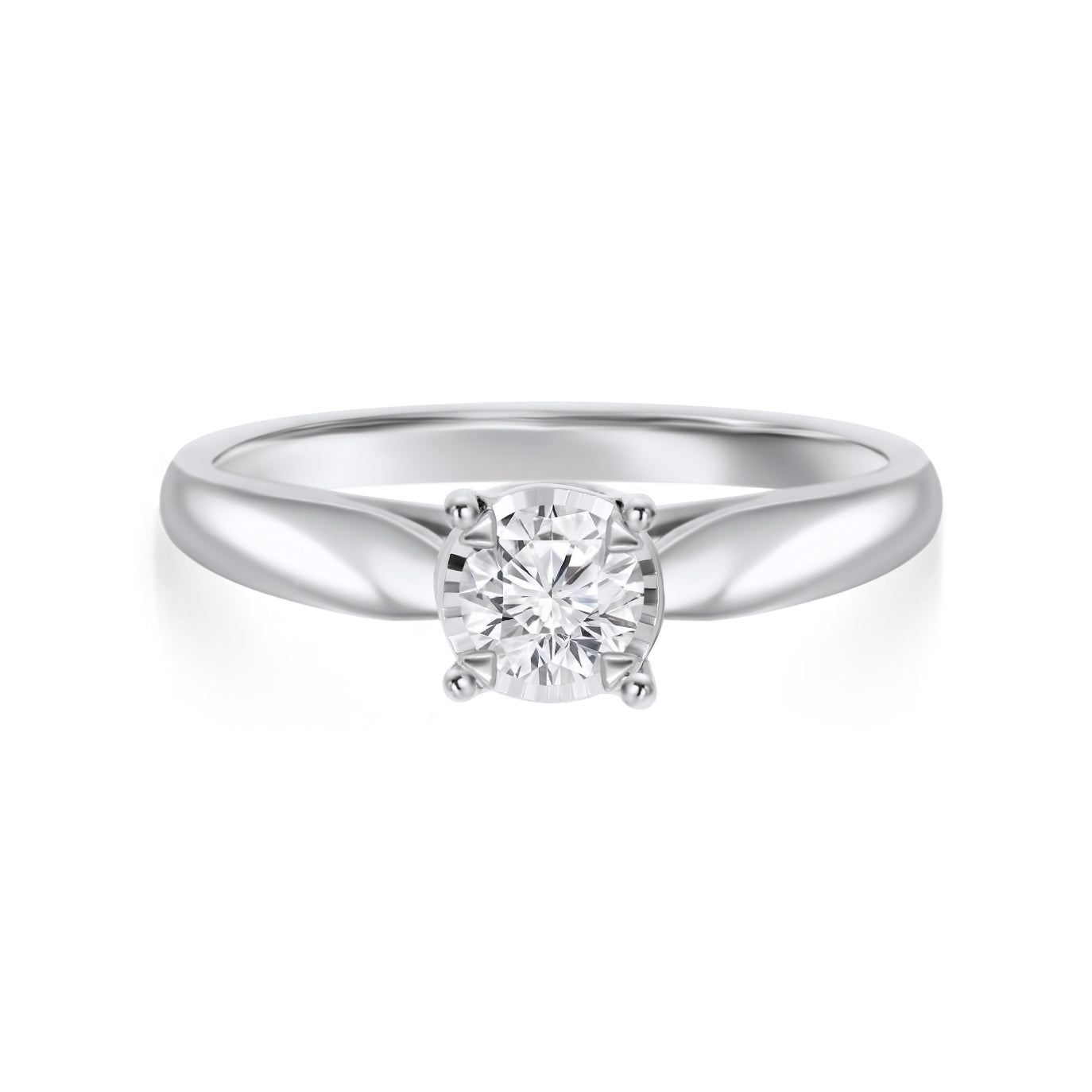 White Gold Round Brilliant Cut Solitaire Illusion Set Diamond Engagement Ring.