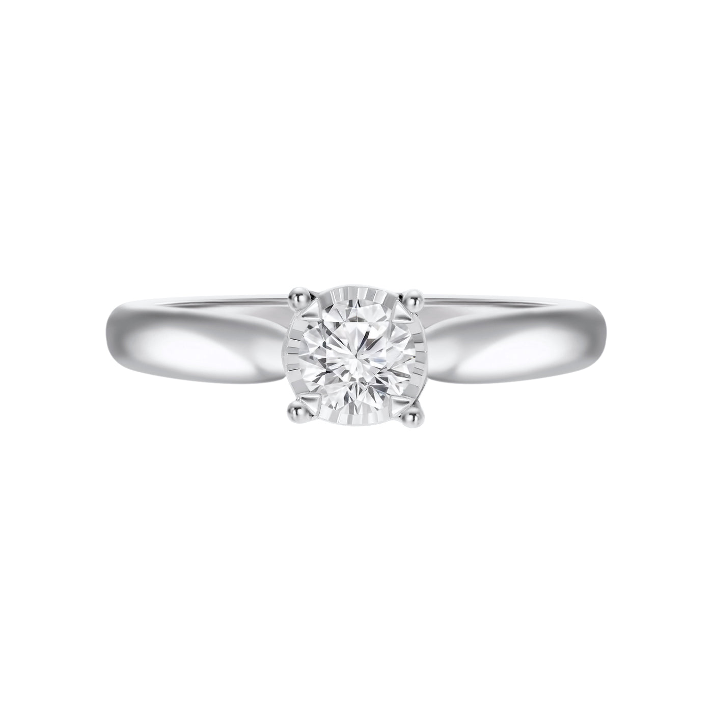 White Gold Round Brilliant Cut Solitaire Illusion Set Diamond Engagement Ring.