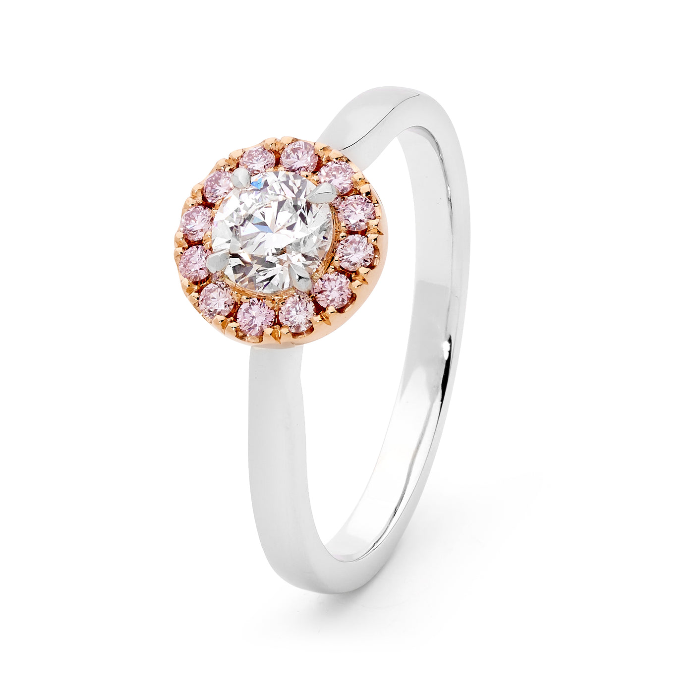 Ellendale 18Ct White And Rose Gold Argyle White And Pink Diamond Halo Engagemnt Ring