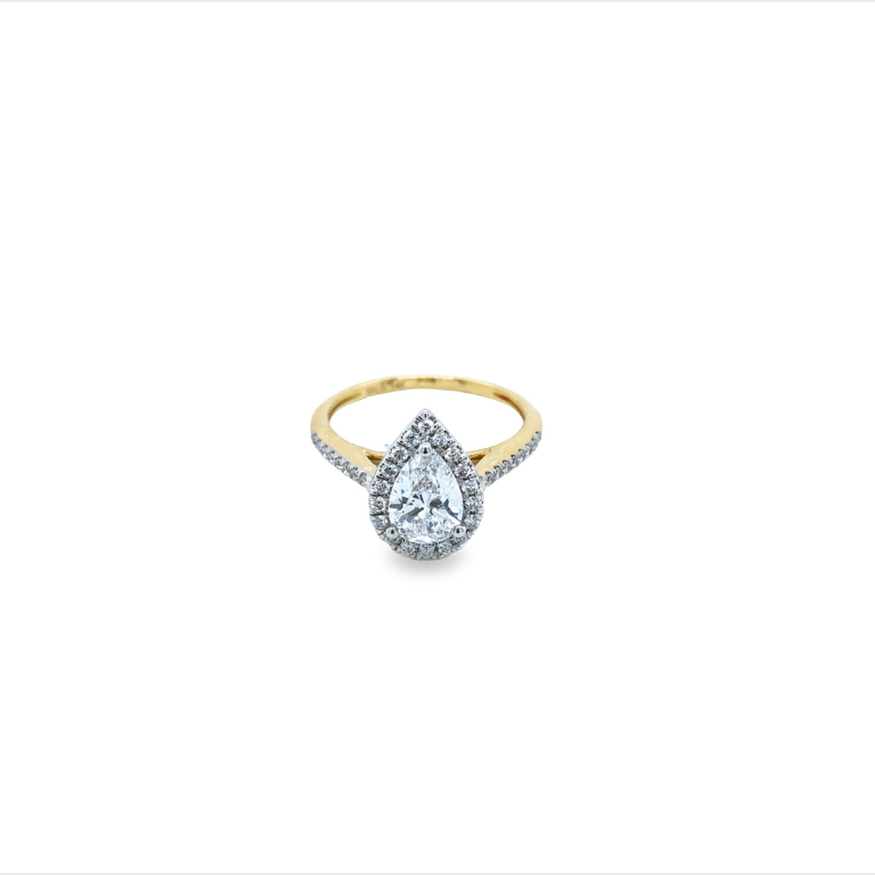 14Ct Yellow Gold Lab Grown Pear Shaped Halo Diamond Engagement Ring TDW 1.25Ct EVS Has GS Lab Cert.