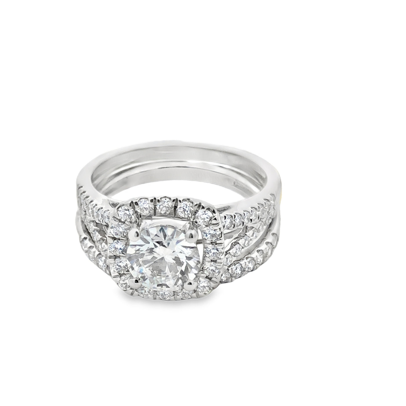 14Ct White Gold Lab Grown Round Diamond Cushion Halo Shaped Bridal Ring Set. (Includes Wedding Band) Tdw=1.75Ctct