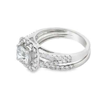 14Ct White Gold Lab Grown Round Diamond Cushion Halo Shaped Bridal Ring Set. (Includes Wedding Band) Tdw=1.75Ctct