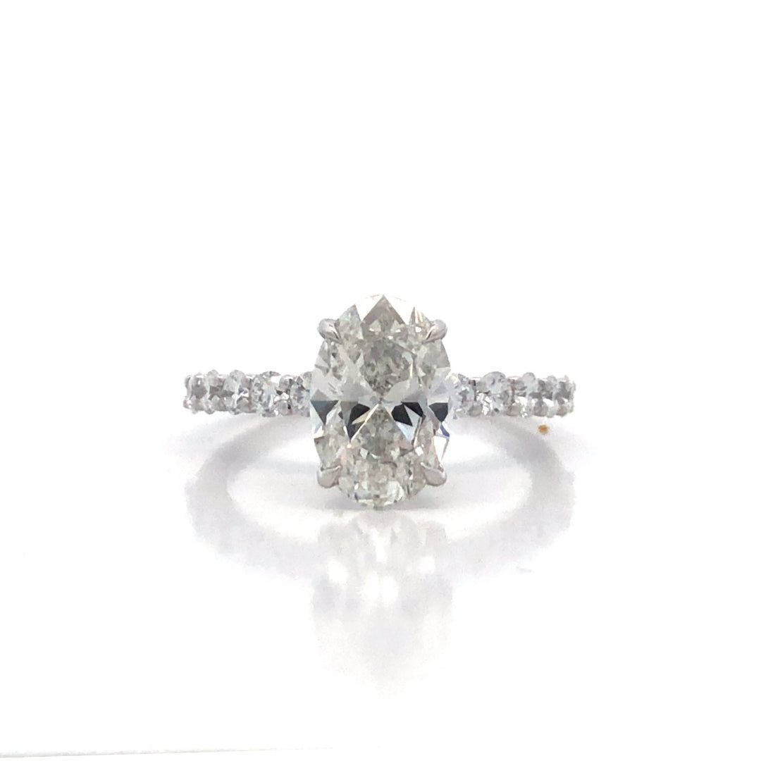 14Ct White Gold Lab Grown Oval Diamond With Band Set Ring Size M.5 Tdw=2.65Ct. Centre Diamond Is 2.00Ct F Vs. Has IGI Cert.