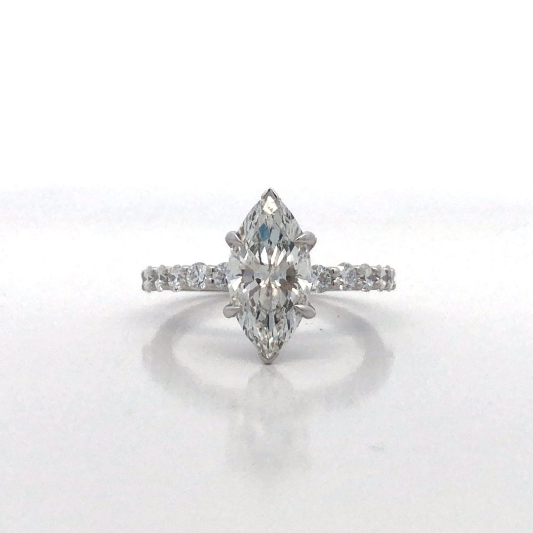 14Ct White Gold Lab Grown Marquise Shaped Diamond Engagement Ring With Hidden Halo And Lab Grown Diamond Set Band Size M.5 Centre 2.00Ct, Tdw=2.60Ct Has IGI cert.