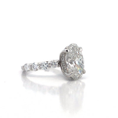 14Ct White Gold Lab Grown Oval Shaped 4.00Ct Diamond Engagement Ring With Hidden Halo And Lab Grown Diamond Set Band Size M.5 Centre 4.00Ct, Tdw=5.00Ct EF VS/SI Has IGI cert.