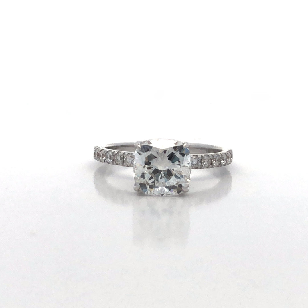 14Ct White Gold Cushion Shaped Lab Grown Diamond 2.00Ct Engagement Ring With Hidden Halo And Diamond Set Band. Size M.5. TDW=2.40CT. EF VS Cenre Has IGI cert.