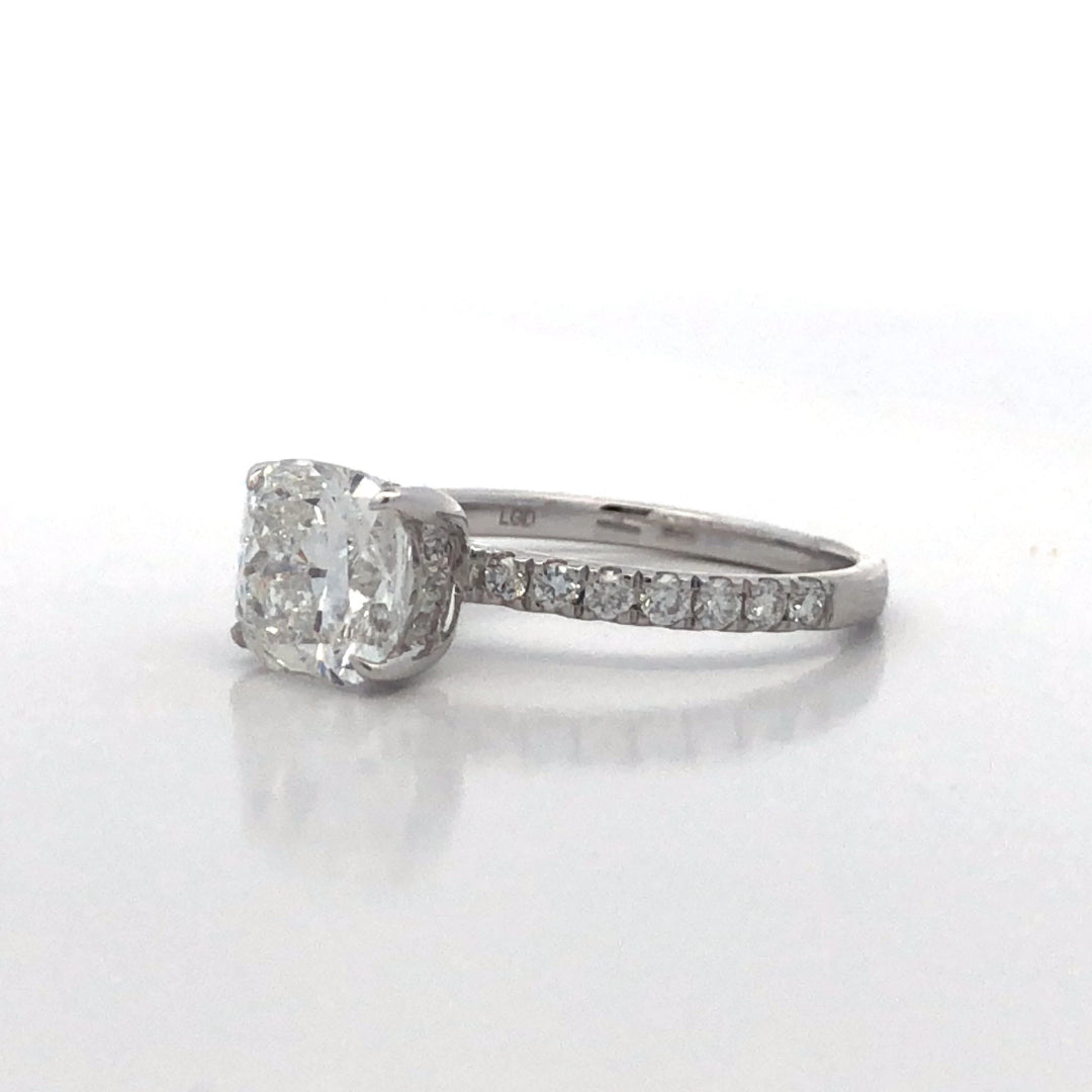 14Ct White Gold Cushion Shaped Lab Grown Diamond 2.00Ct Engagement Ring With Hidden Halo And Diamond Set Band. Size M.5. TDW=2.40CT. EF VS Cenre Has IGI cert.