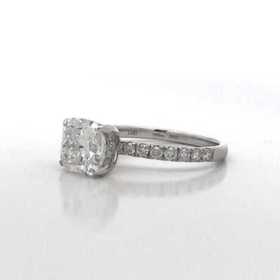 14Ct White Gold Cushion Shaped Lab Grown Diamond 2.00Ct Engagement Ring With Hidden Halo And Diamond Set Band. Size M.5. TDW=2.40CT. EF VS Cenre Has IGI cert.