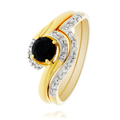 9Ct Yellow Gold Black Sapphire And Diamond Dress Ring Set