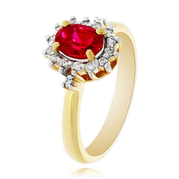 9Ct Yellow Gold Oval Created Ruby And Diamond Halo Dress Ring