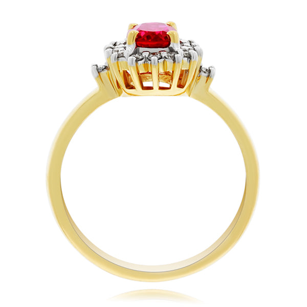 9Ct Yellow Gold Oval Created Ruby And Diamond Halo Dress Ring