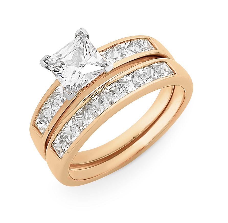 9Ct Rose Gold Cz Bridal Set With Princess Cut Czs