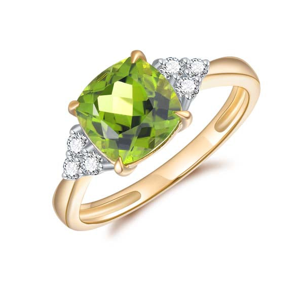 9Ct Yellow Gold Square Cushion Peridot And Diamond Ring