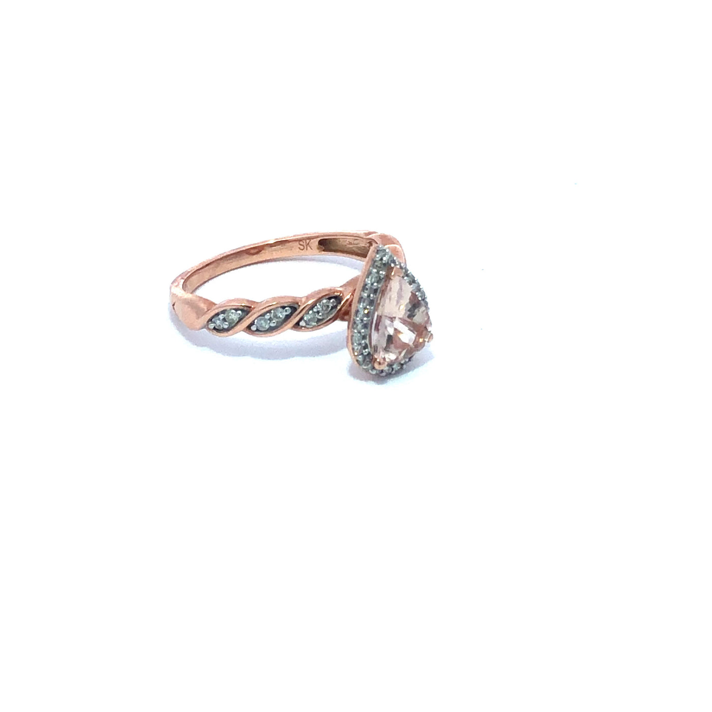 10Ct Rose Gold Pear Shaped Morganite And Diamond Halo Ring With Twist Band.