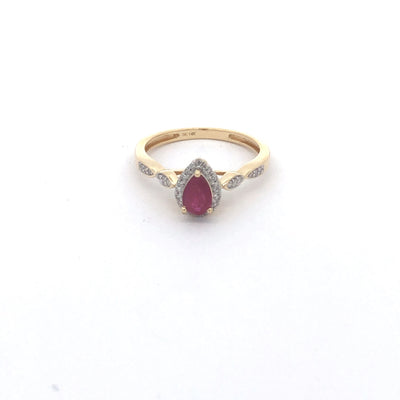 14Ct Yellow Gold Pear Shaped Natural Ruby And Diamond Halo Ring
