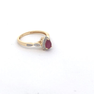 14Ct Yellow Gold Pear Shaped Natural Ruby And Diamond Halo Ring