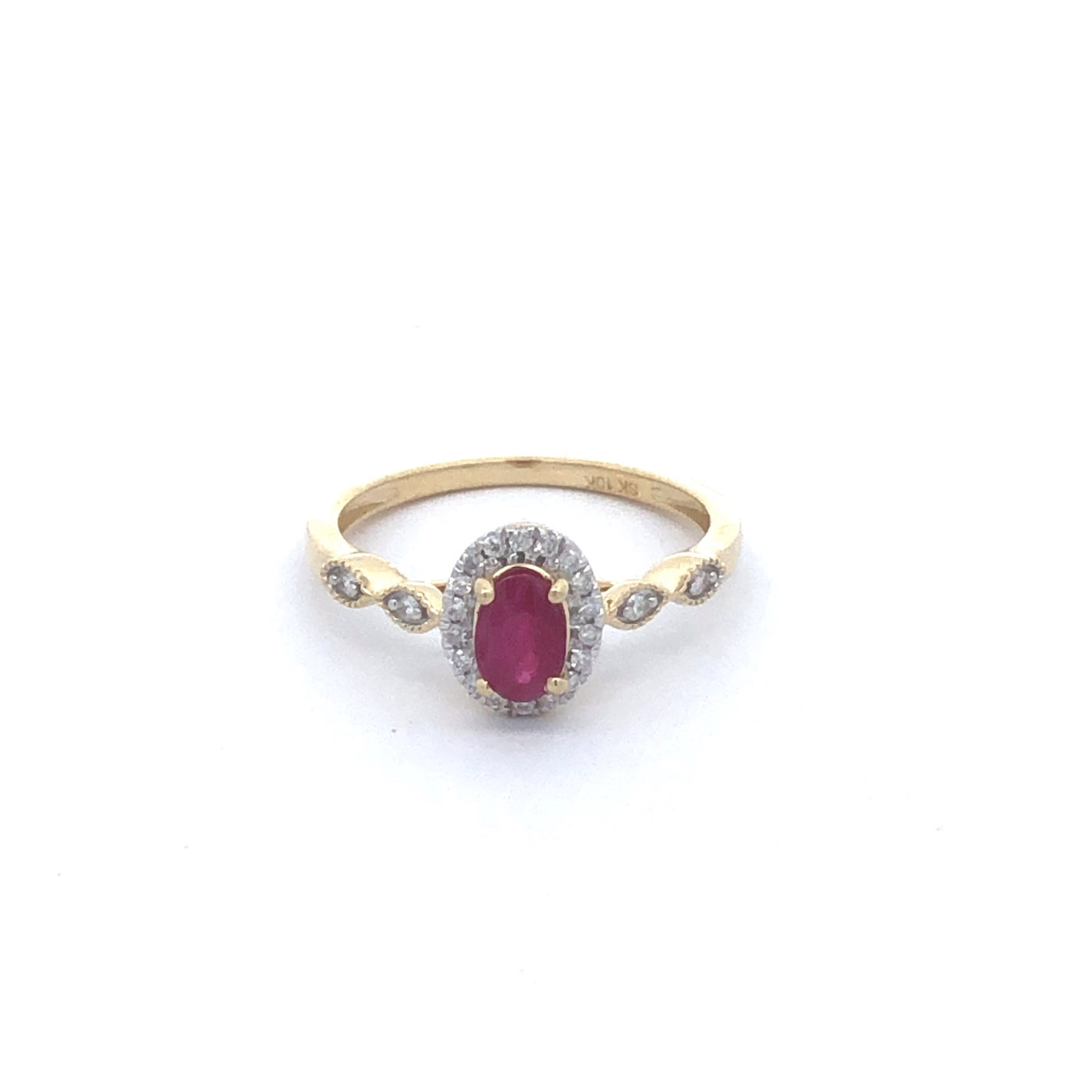 14Ct Yellow Gold Natural Ruby And Diamond Oval Halo Ring