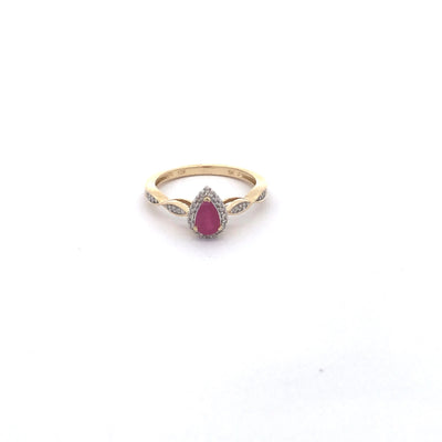 14Ct Yellow Gold Natural Ruby And Diamond Pear Shaped Halo Ring