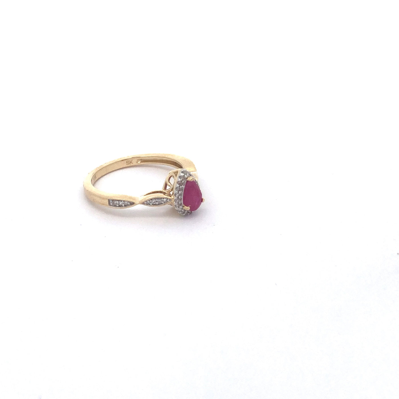 14Ct Yellow Gold Natural Ruby And Diamond Pear Shaped Halo Ring
