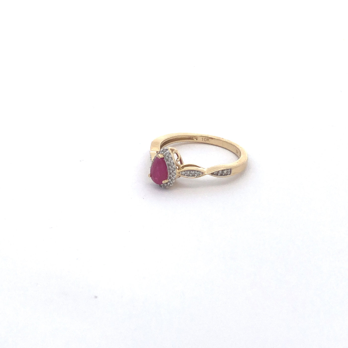 14Ct Yellow Gold Natural Ruby And Diamond Pear Shaped Halo Ring