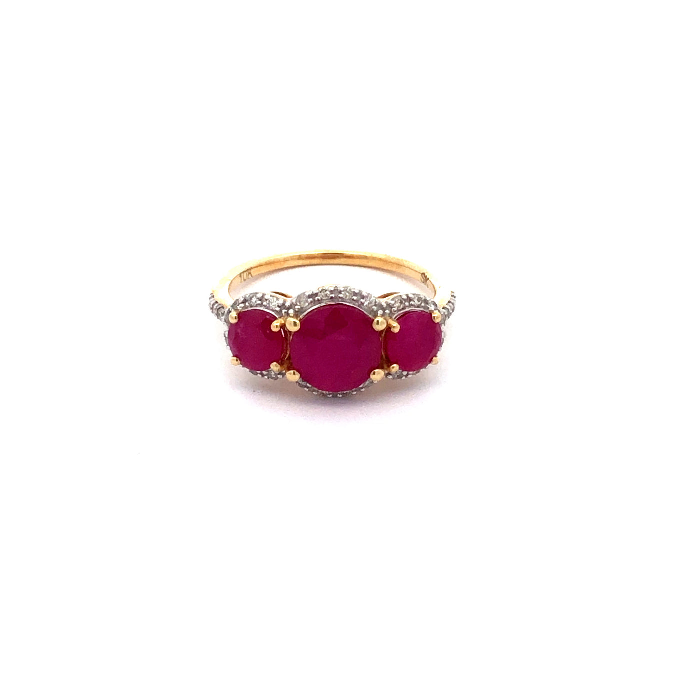 10Ct Yellow Gold Trilogy Ruby And Diamond Halo Ring.