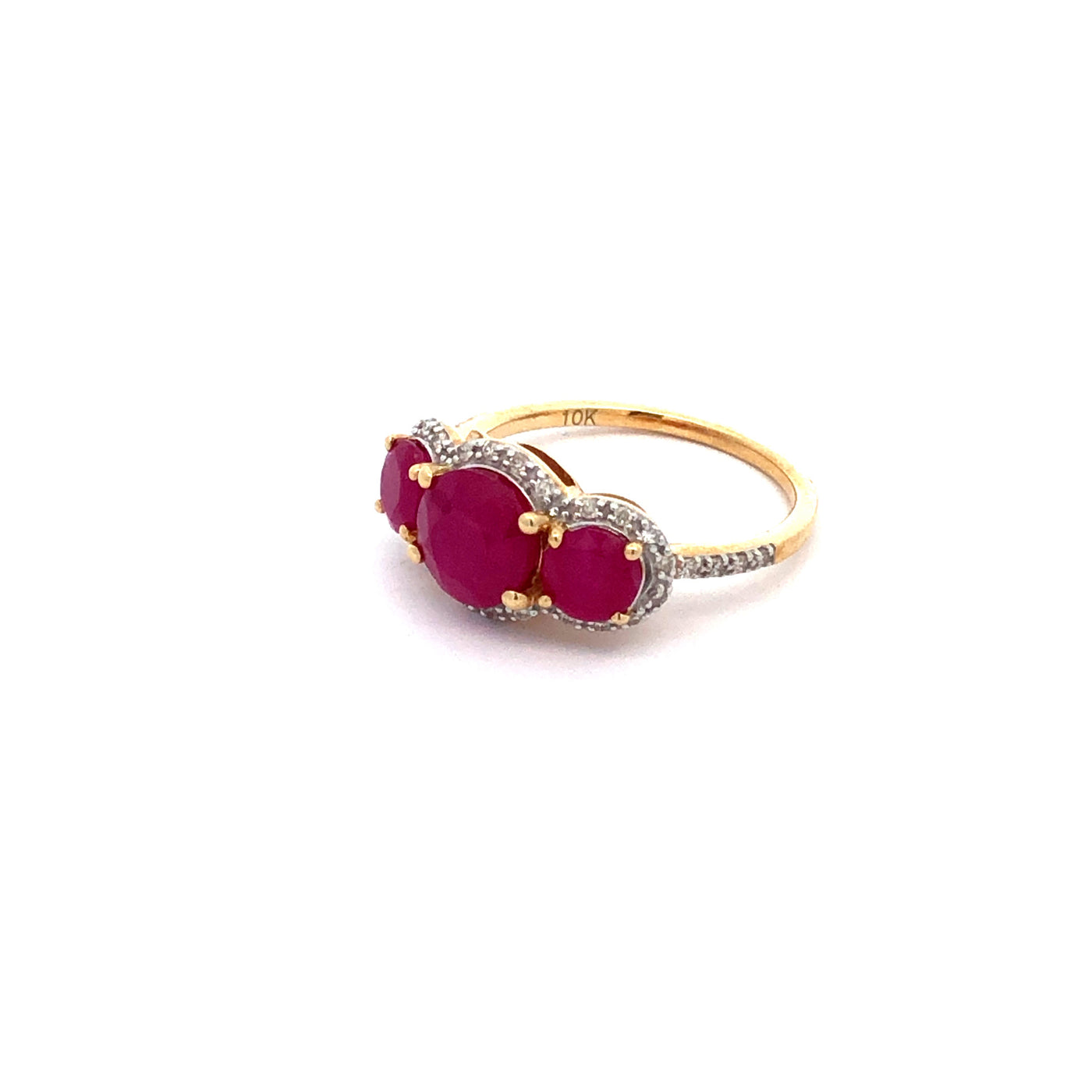 10Ct Yellow Gold Trilogy Ruby And Diamond Halo Ring.