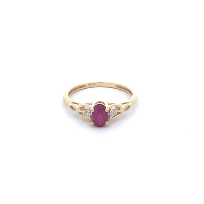 14Ct Yellow Gold Natural Ruby And Diamond Set Ring With Celtic Inspired Shoulders