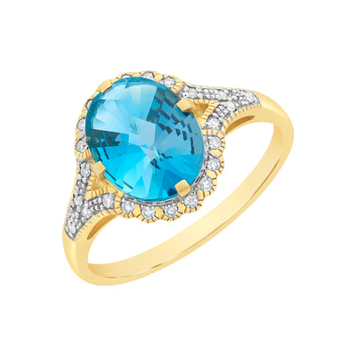 9Ct Yellow Gold Oval London Blue Topaz And Diamond Ring
